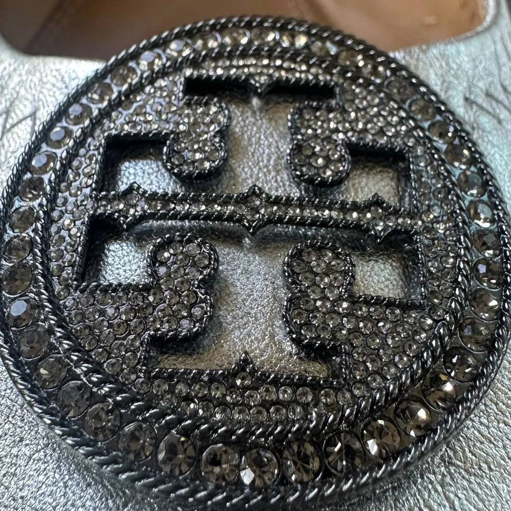 Tory Burch Metallic Silver Logo Round-Toe Ballet Flats